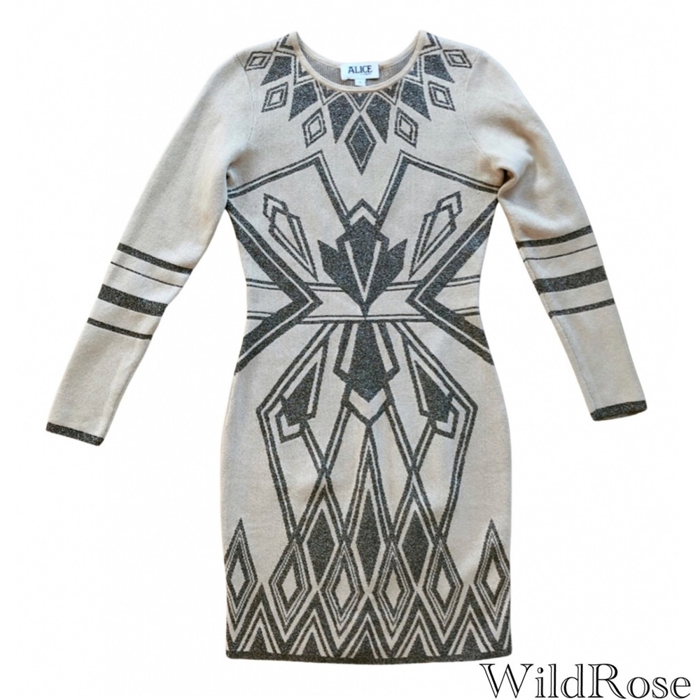 ALICE BY TEMPERLY “Ritz” Art Deco Beige & Bronze Shimmer Geometric Print Dress M